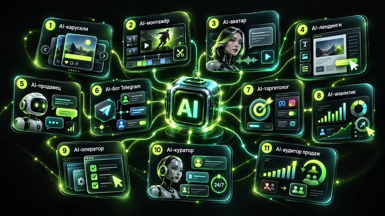 11 AI-инструментов: карусели, монтажёр, аватар, лендинги, продавец, бот Telegram, таргетолог, аналитик, оператор, куратор, аудитор продаж